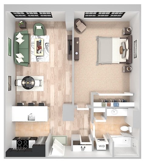 Floor plan for 1 bed, 1 bath, 725 sqft